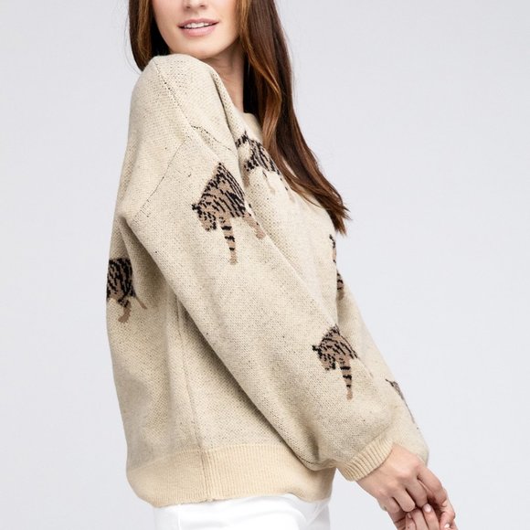 Relaxed Fit Long Sleeve Tiger Print Sweater in Oatmeal - Picture 3 of 5